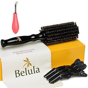 Belula 100% Soft Boar Bristle Round Brush for Blow Drying Set. Round Hair Brush With Small 1.6” Wooden Barrel. Hairbrush Ideal to Add Volume and Body. Free 3 x Hair Clips & Travel Bag.