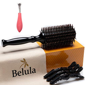 Boar Bristle Round Brush for Blow Out Set by Belula. Round Hair Brush For Blow Drying. Medium 2.4” Wooden Barrel. Hairbrush Ideal to Add Volume and Body. Free 3 x Hair Clips & Travel Bag